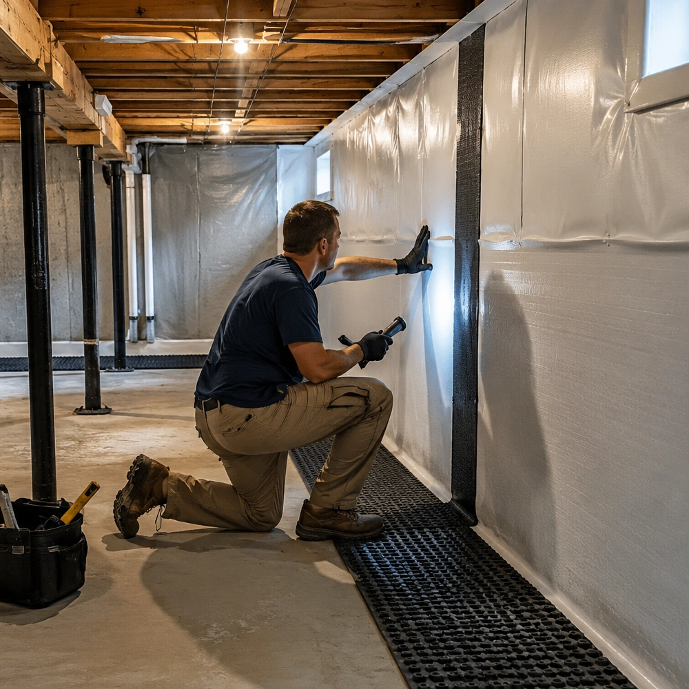 Professional technician installing basement waterproofing membrane and dimpled drainage system on foundation walls