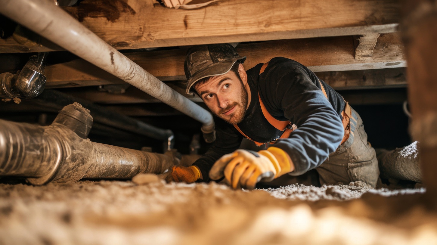 technician repairing basement plumbing